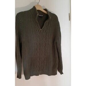 Lands End heavy cotton cable knit sweater khaki green zip front l p large top